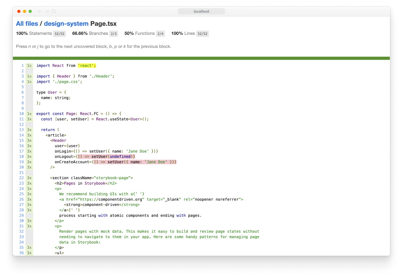 Interactive coverage report generated by the Vitest addon, showing the Calendar component's reported source