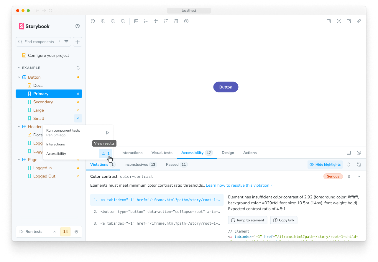 Storybook showing a failing accessibility test in both the sidebar story menu and the Accessibility panel