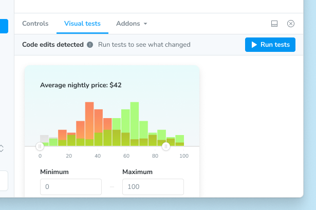 Visual tests addon panel showing the Run visual tests button