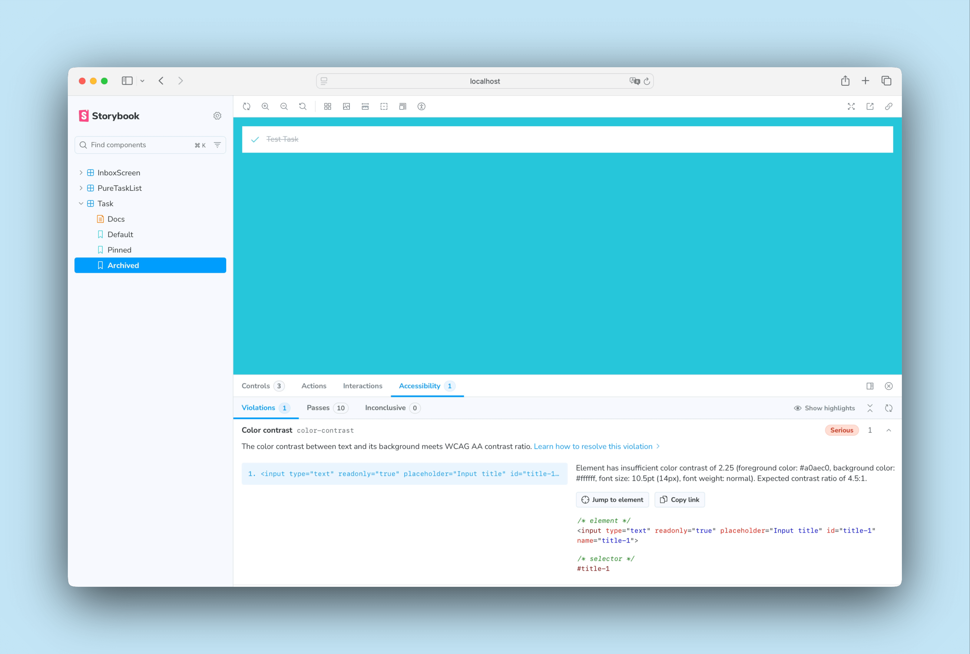 Task accessibility issue in Storybook